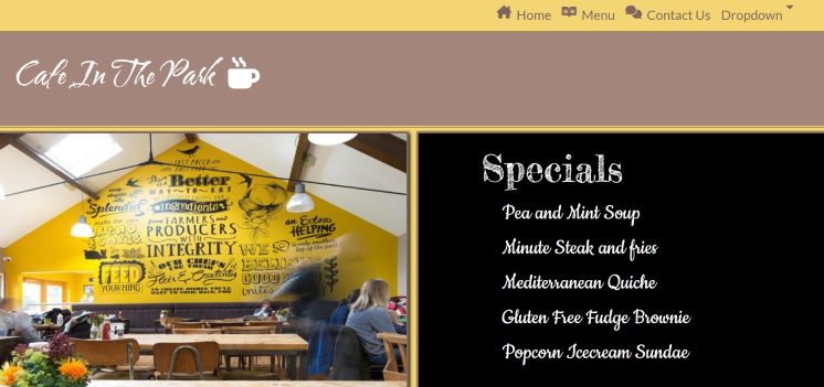 Screenshot of cafe website homepage